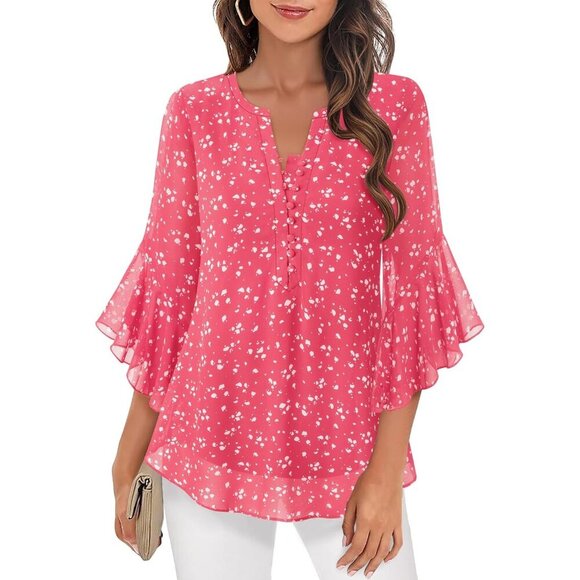 Women’s 3/4 Sleeve Chiffon Top with Ruffle Cuffs Floral Pattern Casual - Picture 3 of 5